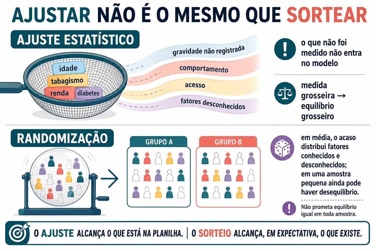 Peneira do ajuste deixando passar características não medidas, contrastada com uma urna de sorteio distribuindo igualmente etiquetas visíveis e invisíveis.