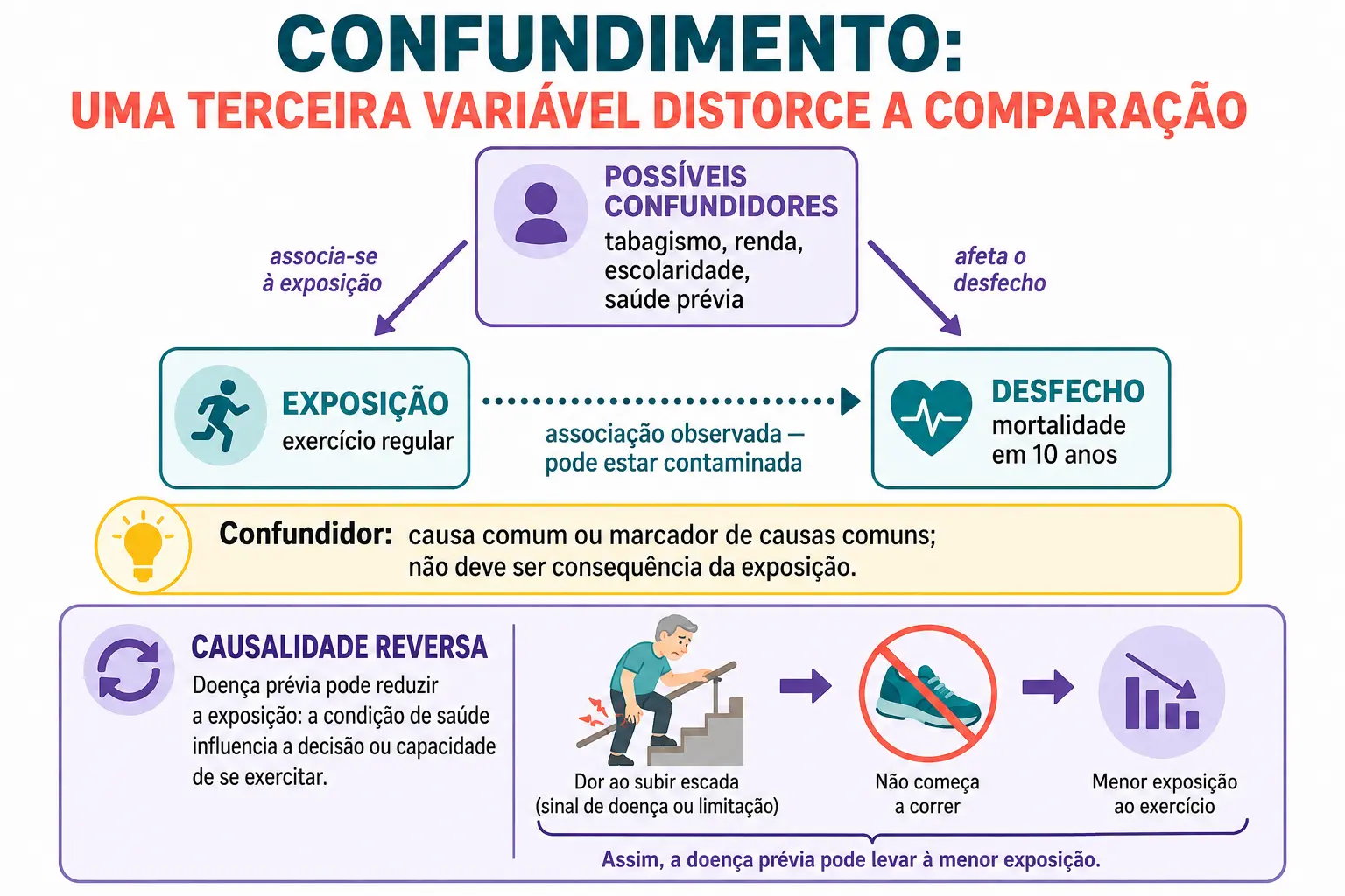 Triângulo da confusão com exposição, desfecho e uma terceira variável ligada a ambos, mais a seta pontilhada da associação contaminada.