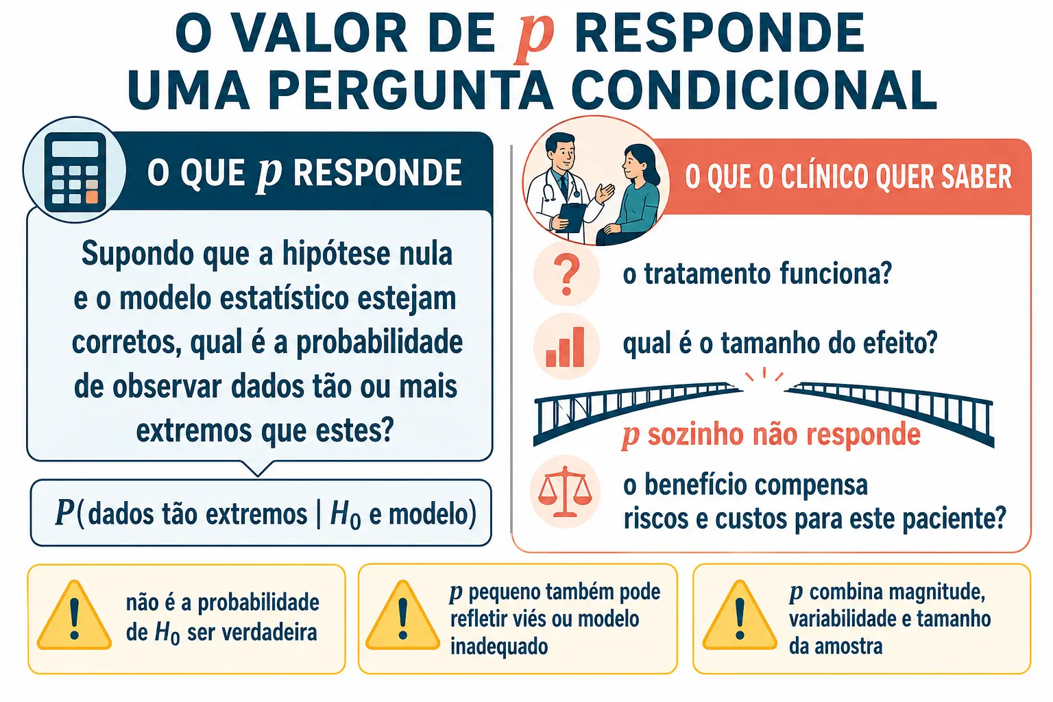 Duas colunas contrastando a definição condicional do valor de p com as perguntas clínicas que ele não responde.