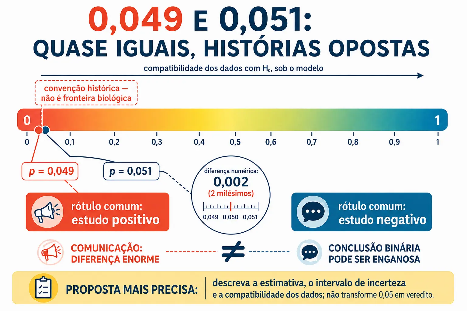 Faixa contínua de valores de p com a linha em 0,05 e dois marcadores quase idênticos, 0,049 e 0,051, levando a comunicações opostas.