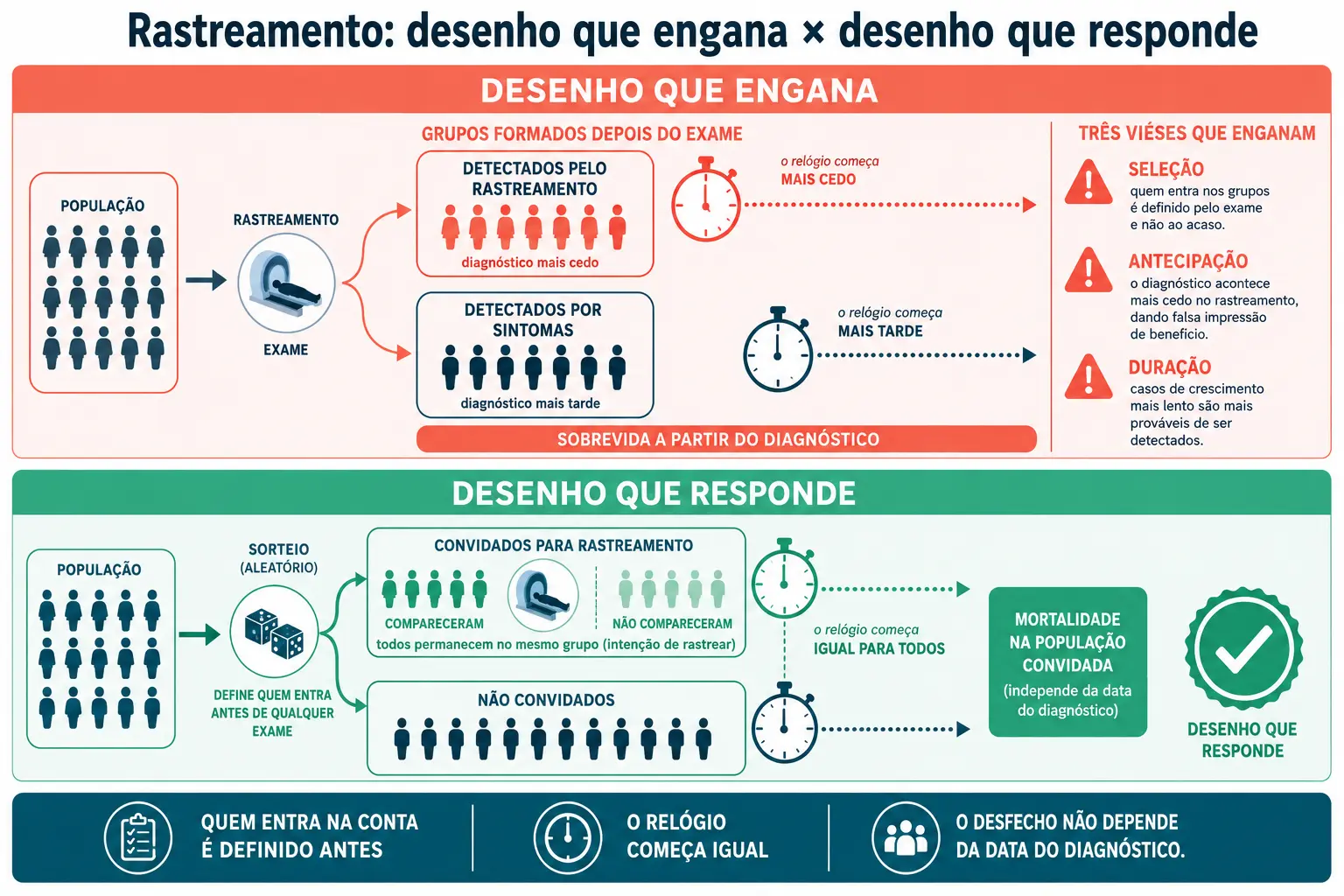 Comparação entre grupos formados após o exame com relógios desalinhados e população dividida antes por sorteio com relógios alinhados.