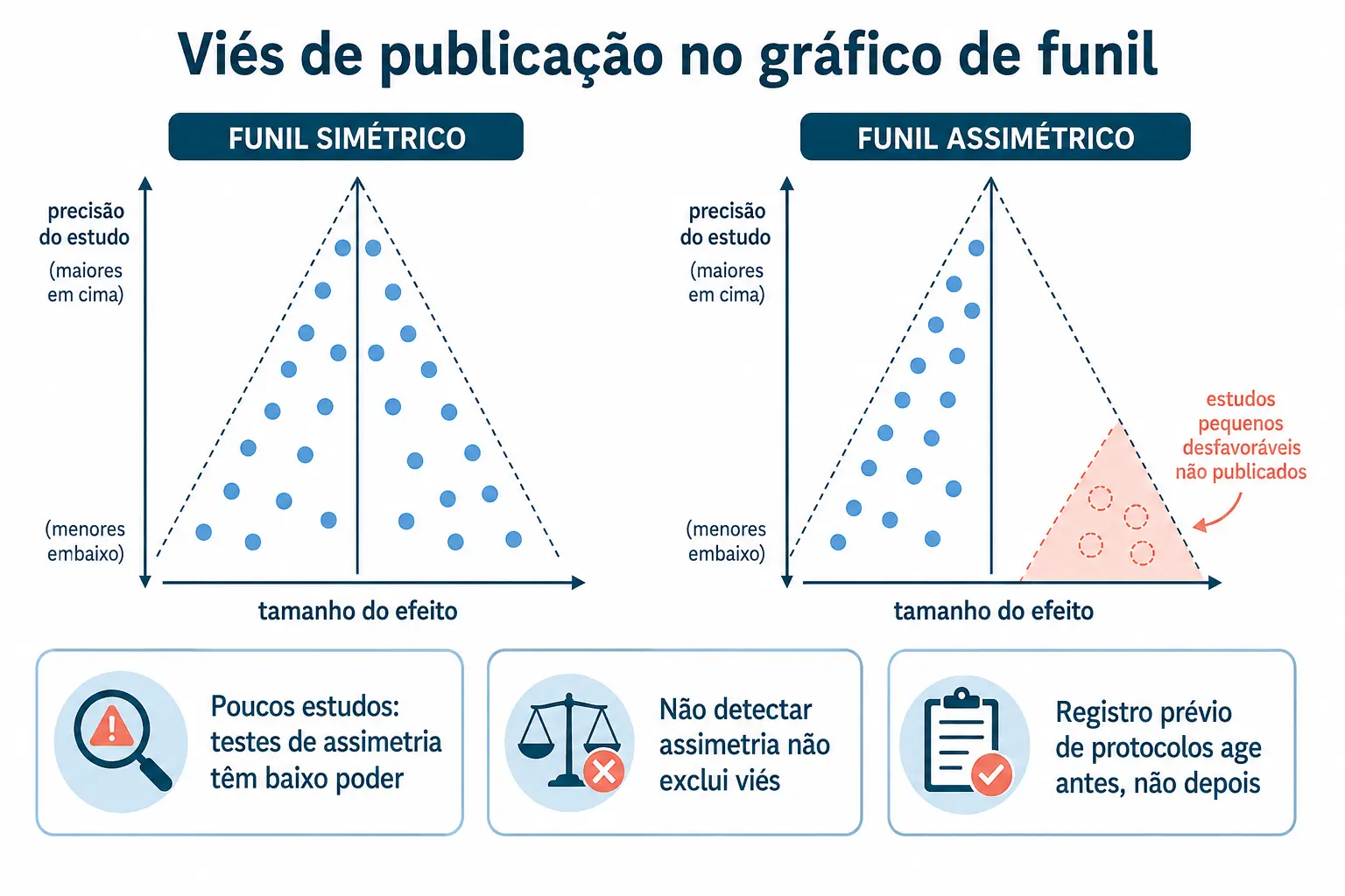 Dois gráficos de funil, um simétrico e outro com região vazia preenchida por estudos hipotéticos não publicados, com advertências sobre o poder dos testes.