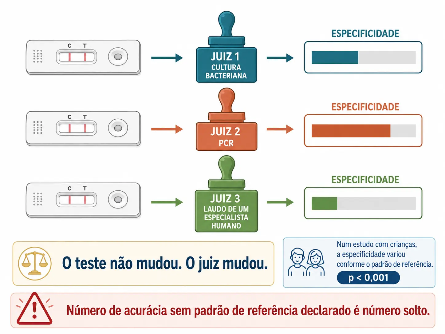 O mesmo teste rápido avaliado contra três juízes diferentes, produzindo três valores de especificidade distintos.