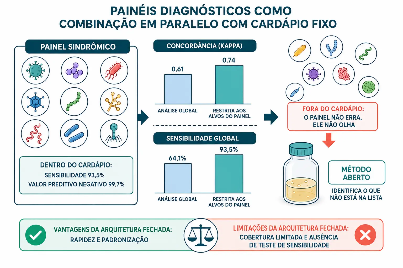 Painel fechado com alvos listados e agentes fora dele, comparando sensibilidade global de 64,1 por cento com 93,5 por cento dentro do cardápio.
