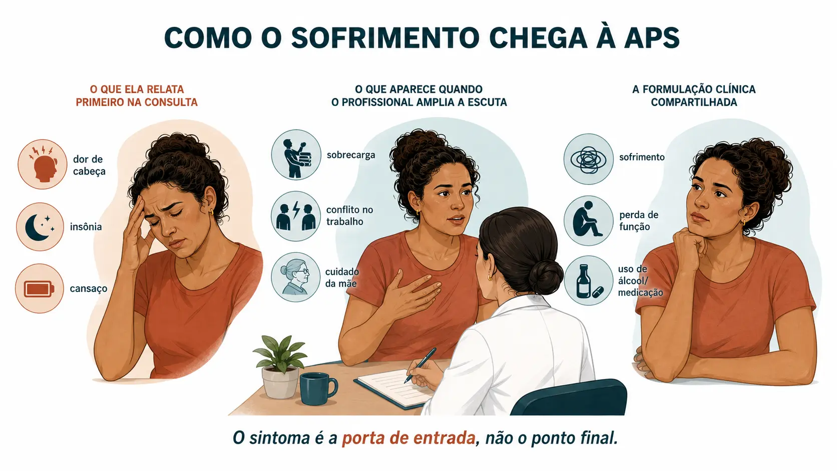 A mesma mulher aparece relatando cefaleia, insônia e cansaço; a escuta ampliada revela sobrecarga, conflito no trabalho, cuidado da mãe, sofrimento, perda funcional e uso de álcool ou medicação.