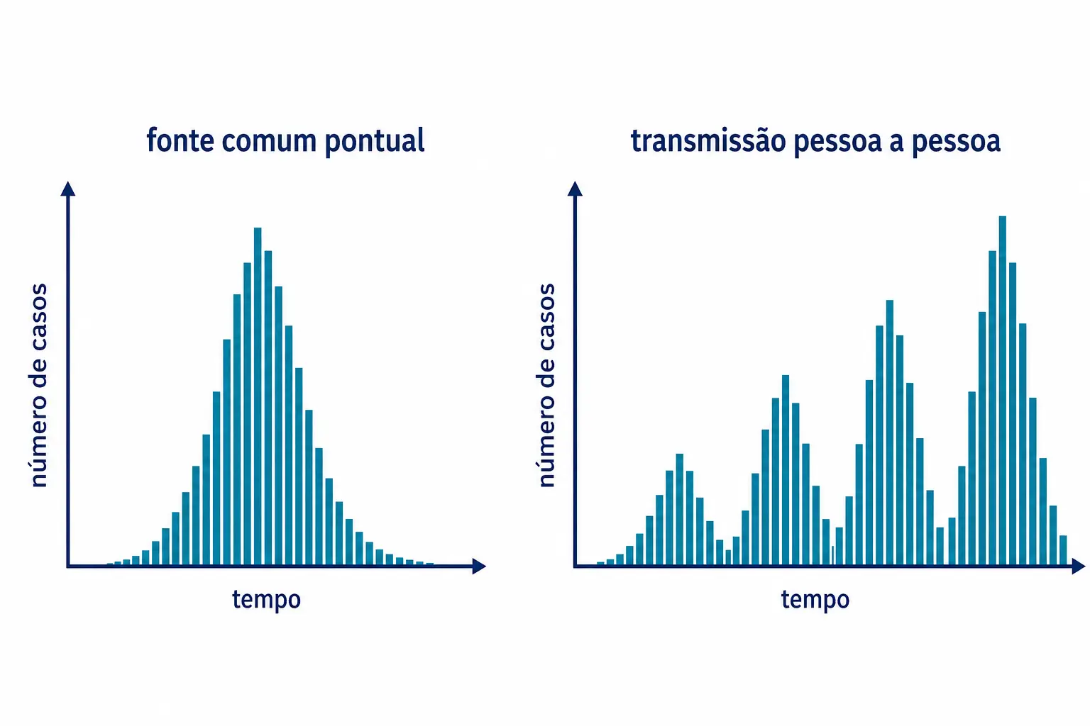 Duas curvas epidêmicas: fonte comum pontual com pico único e transmissão pessoa a pessoa com picos sucessivos.