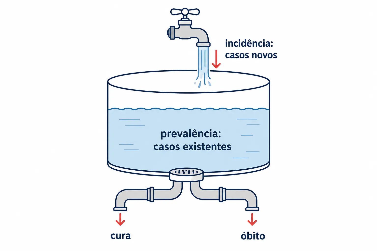Reservatório com torneira de entrada rotulada incidência, nível de água rotulado prevalência e ralo com saídas de cura e óbito.