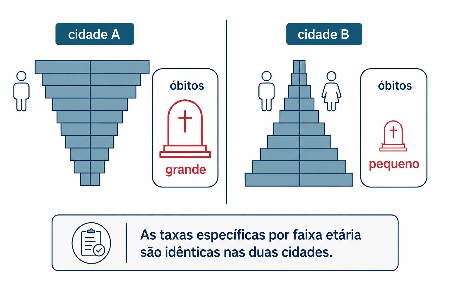 Duas cidades com pirâmides etárias opostas e contagens de óbitos diferentes, apesar de taxas por idade idênticas.