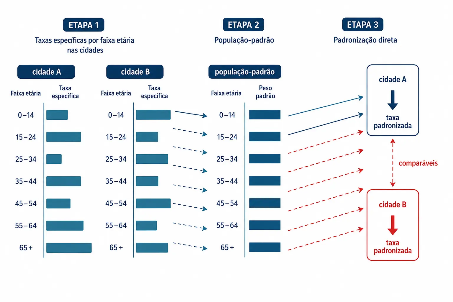 Três etapas da padronização direta: taxas específicas, população-padrão comum e taxas padronizadas comparáveis.