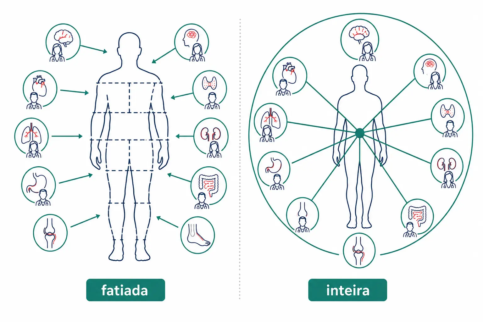 Comparação entre uma pessoa fragmentada por especialidades isoladas e a mesma pessoa vista como um todo com cuidado coordenado.