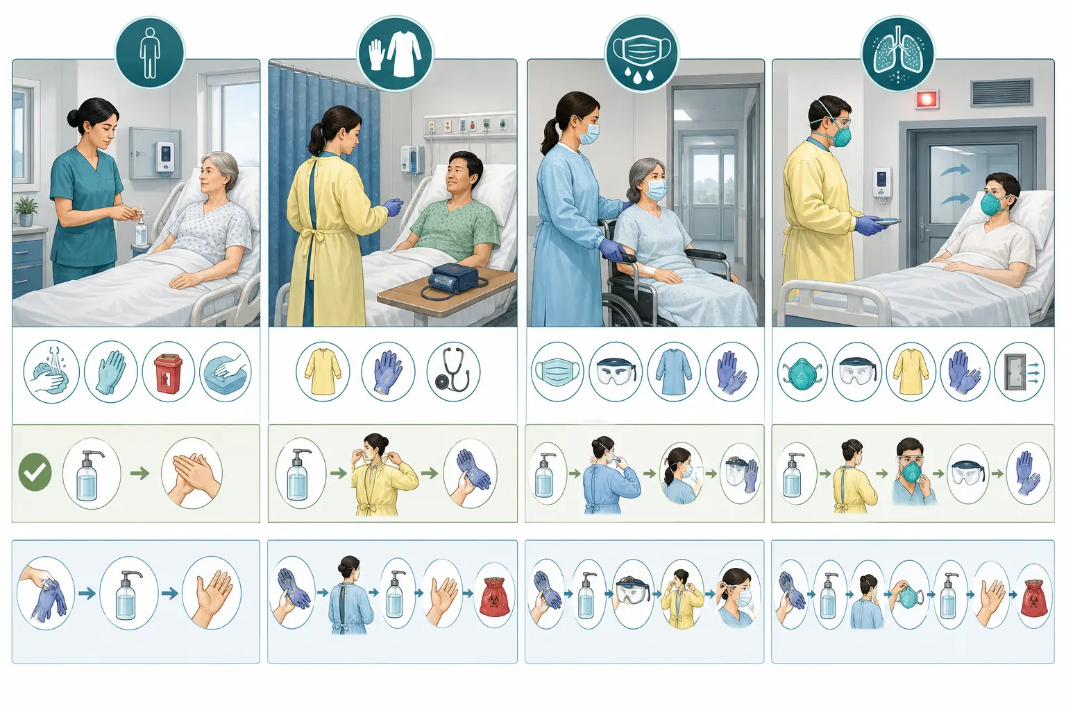 Precauções padrão e adicionais comparadas por via de transmissão.