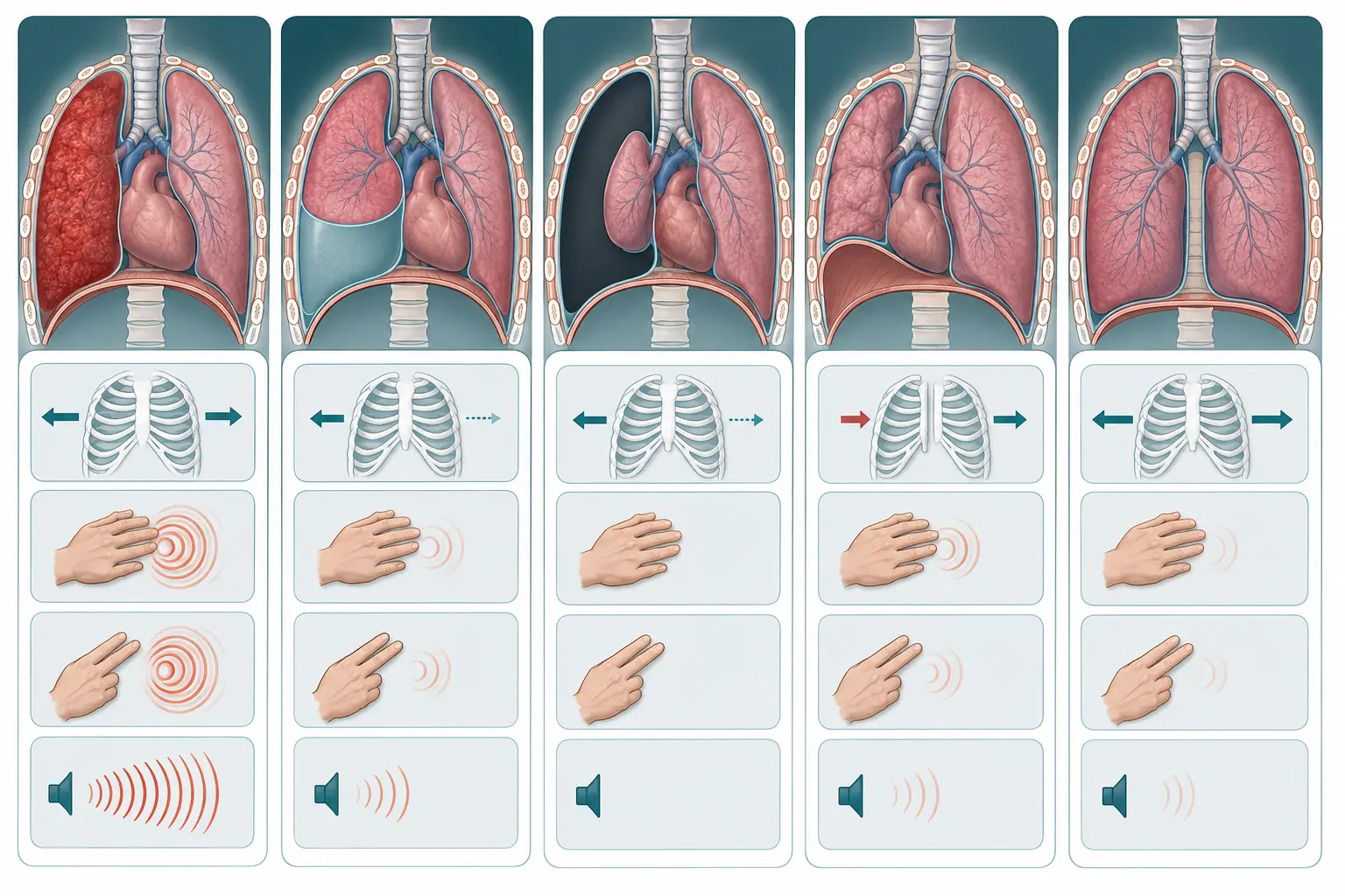Cinco padrões sindrômicos respiratórios comparados pelo exame físico.