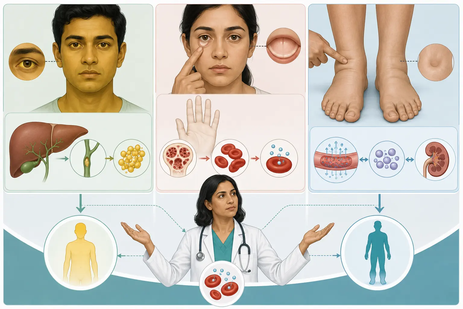 Icterícia, anemia e edema comparados por achados e mecanismos.