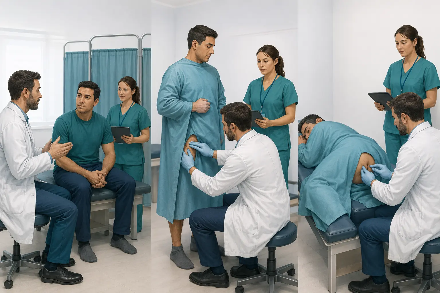 Consentimento, exame inguinal e inspeção anorretal realizados com privacidade e acompanhante profissional.