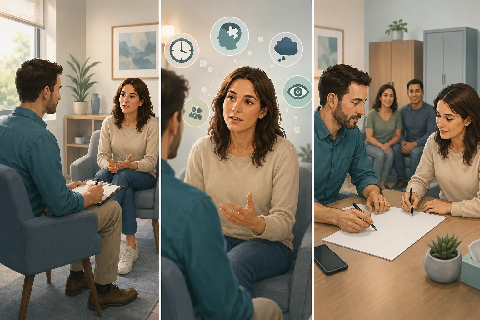 Entrevista do estado mental seguida de avaliação de risco e plano de segurança colaborativo.