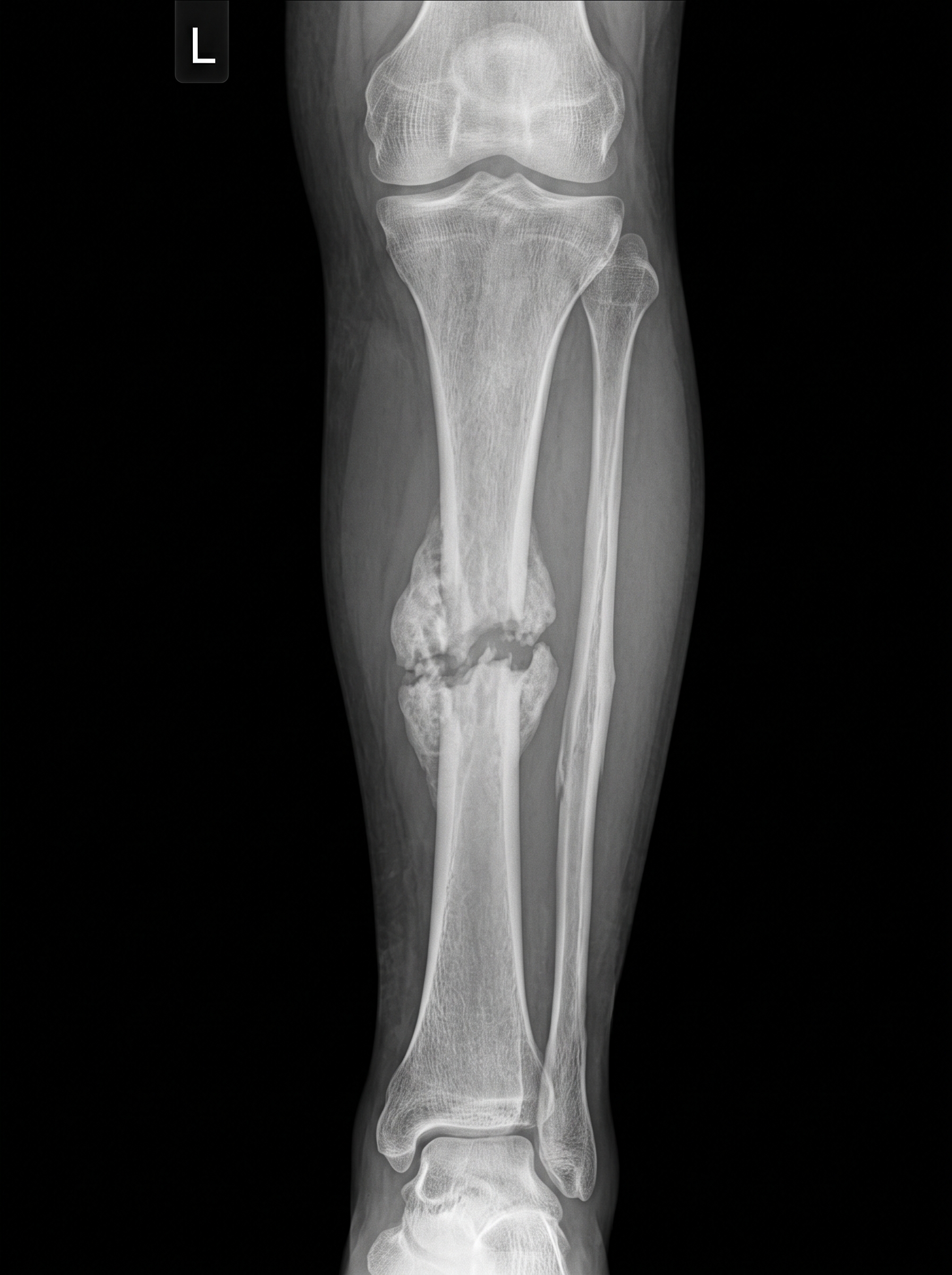 Radiografia sintética AP da perna esquerda, com calo tibial abundante e fenda persistente interrompendo a continuidade no foco diafisário.