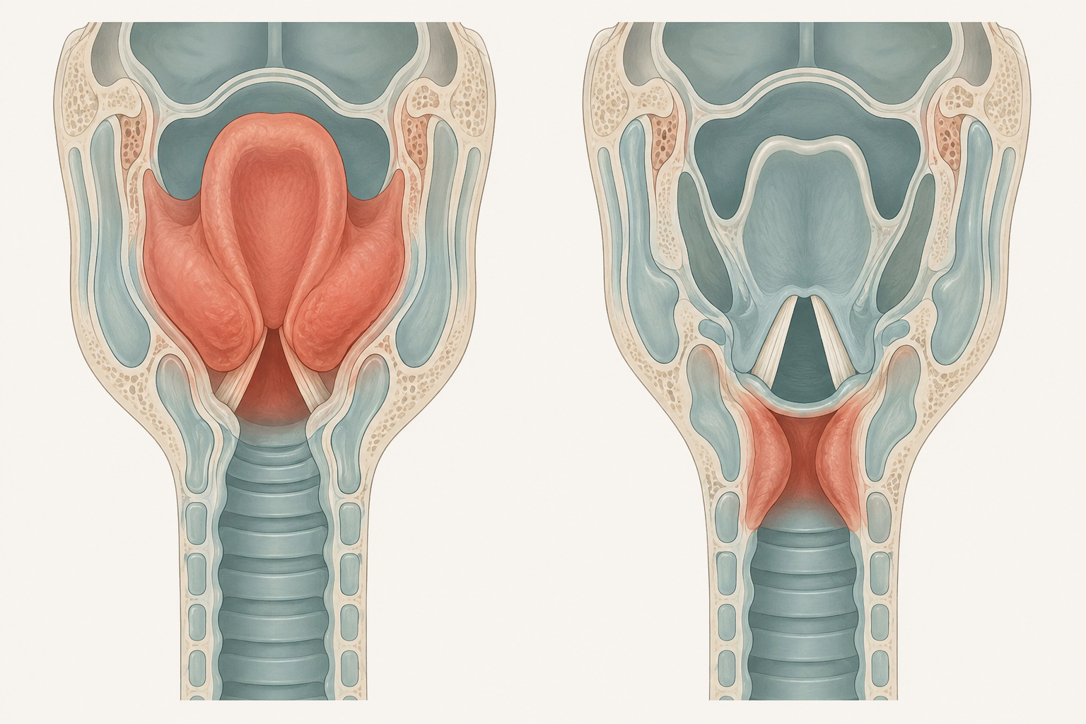 Cortes coronais da via aérea pediátrica: à esquerda, epiglote e tecidos supraglóticos edemaciados; à direita, edema circunferencial subglótico no anel cricoide com epiglote preservada.