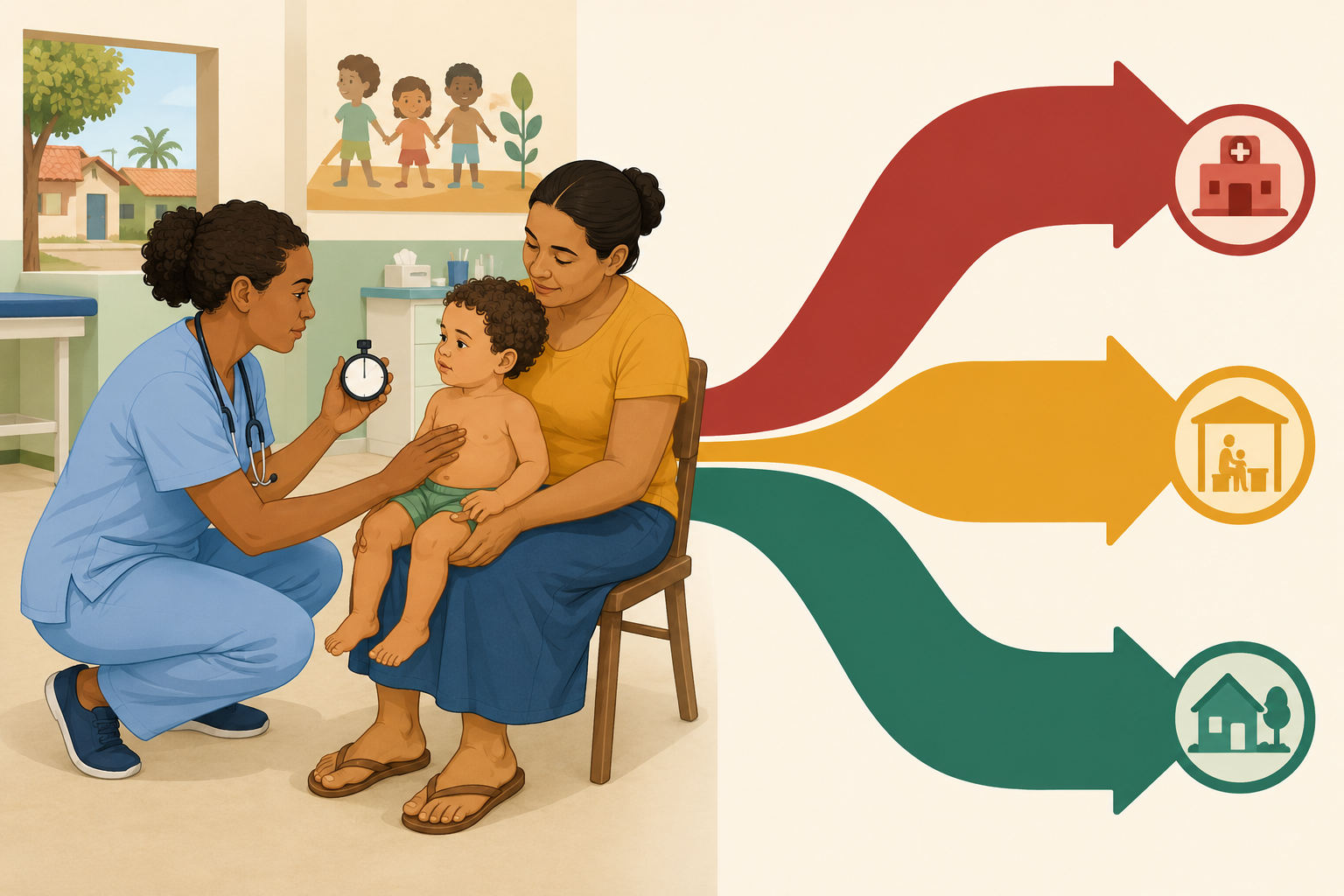 Profissional de saúde examina criança pequena no colo da mãe; três caminhos coloridos (vermelho, âmbar e verde) se abrem atrás deles.