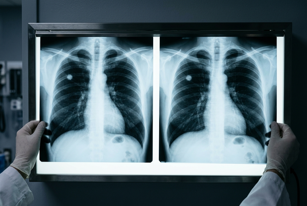 Cena sintética de duas radiografias frontais de tórax lado a lado em negatoscópio, ambas com pequena opacidade nodular no campo pulmonar superior direito, enquanto mãos seguram as bordas externas.