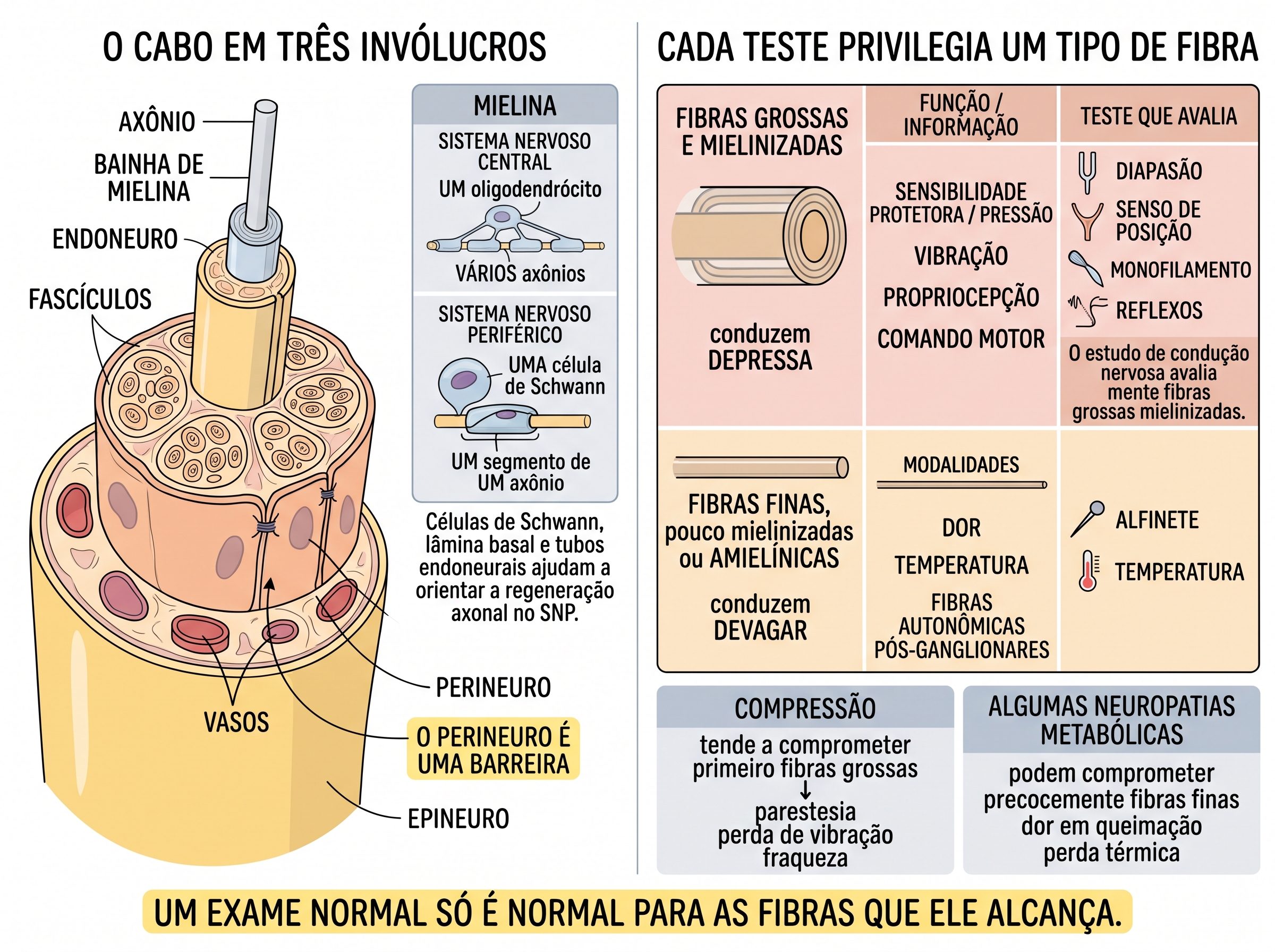 Corte transversal do nervo periférico com endoneuro, perineuro e epineuro rotulados e a comparação da mielinização central e periférica, ao lado de uma tabela ligando fibras grossas e finas às modalidades que carregam e aos testes de cabeceira que as alcançam.