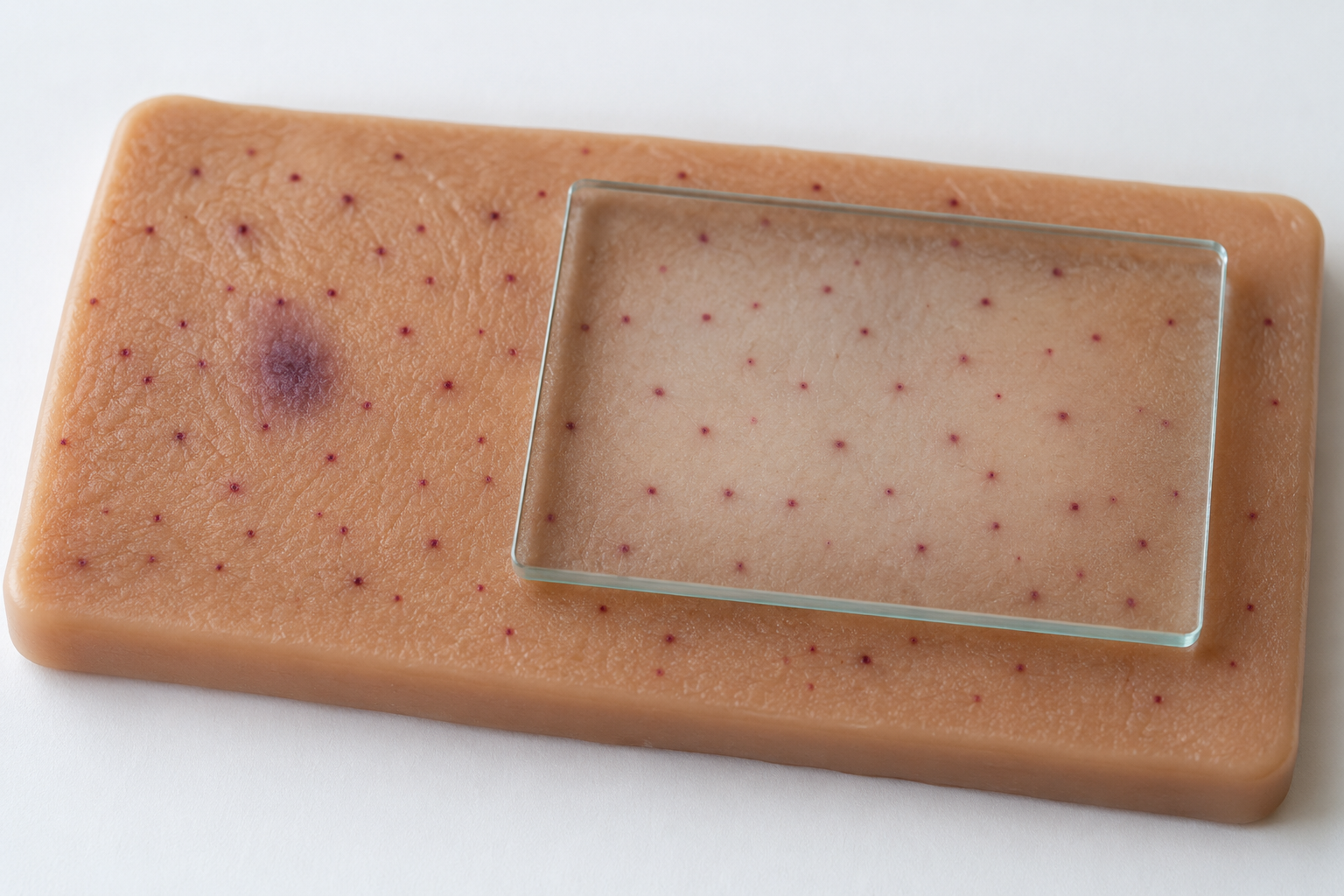 Modelo de pele com pontos purpúricos e equimose sob vidro transparente.