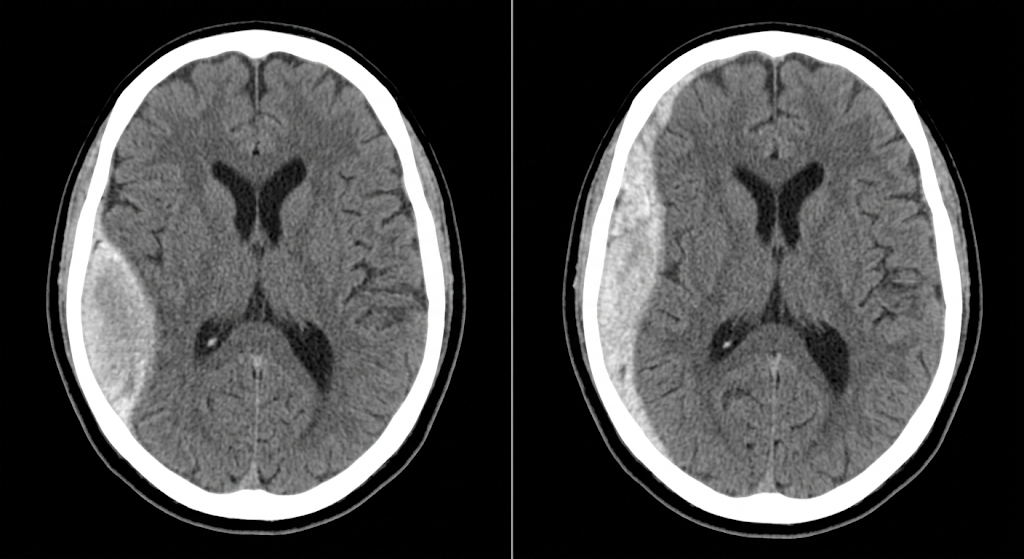 Duas simulações de tomografia axial de crânio sem contraste: coleção extra-axial biconvexa à esquerda e coleção em crescente à direita.