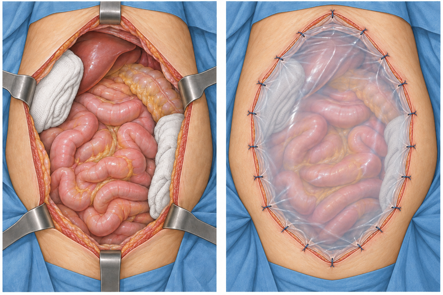 Ilustração de laparotomia com compressas laterais e, ao lado, cobertura plástica transparente suturada à pele, com compressas sob a cobertura e sem afastadores.