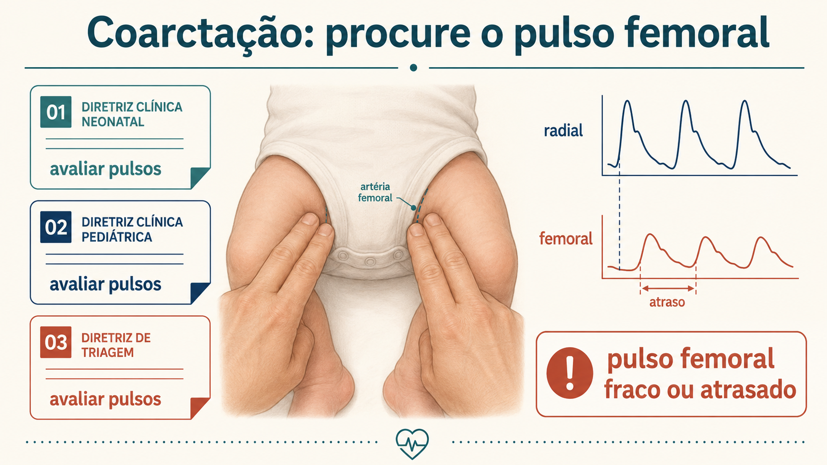 Infográfico mostra palpação bilateral do pulso femoral em lactente e compara uma onda radial normal com onda femoral fraca e atrasada.