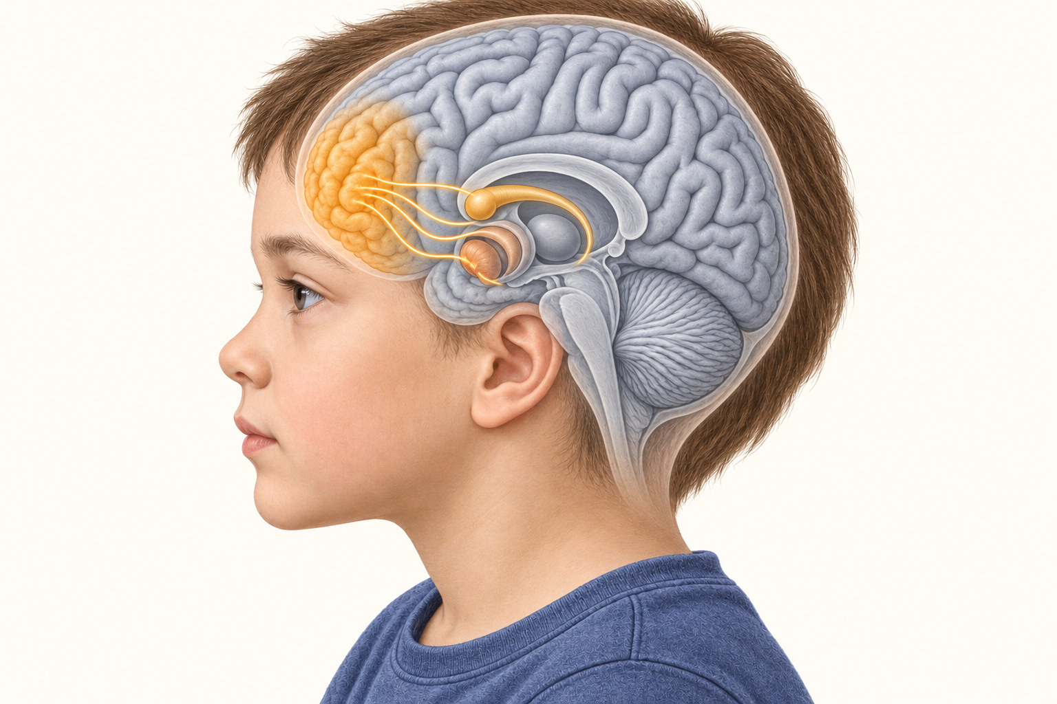 Corte anatômico ilustrativo em perfil, com córtex pré-frontal e componentes do estriado destacados e conexões esquemáticas; tálamo e cerebelo permanecem em cinza.