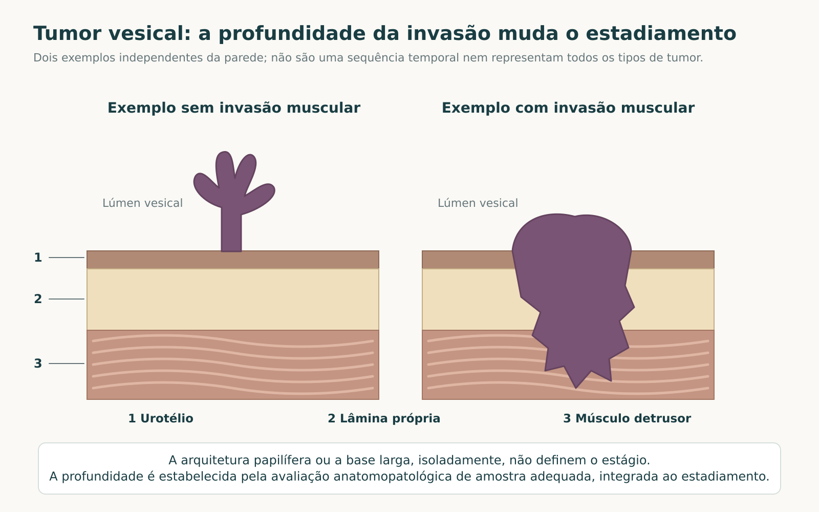 Dois exemplos independentes de tumor na parede vesical, com urotélio, lâmina própria e músculo detrusor: lesão papilífera sem invasão muscular e lesão que alcança o detrusor.