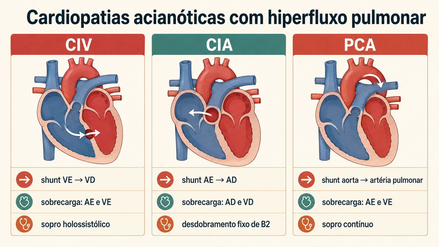 Quadro comparativo de CIV, CIA e persistência do canal arterial, com direção do shunt, câmaras sobrecarregadas e achado auscultatório característico.