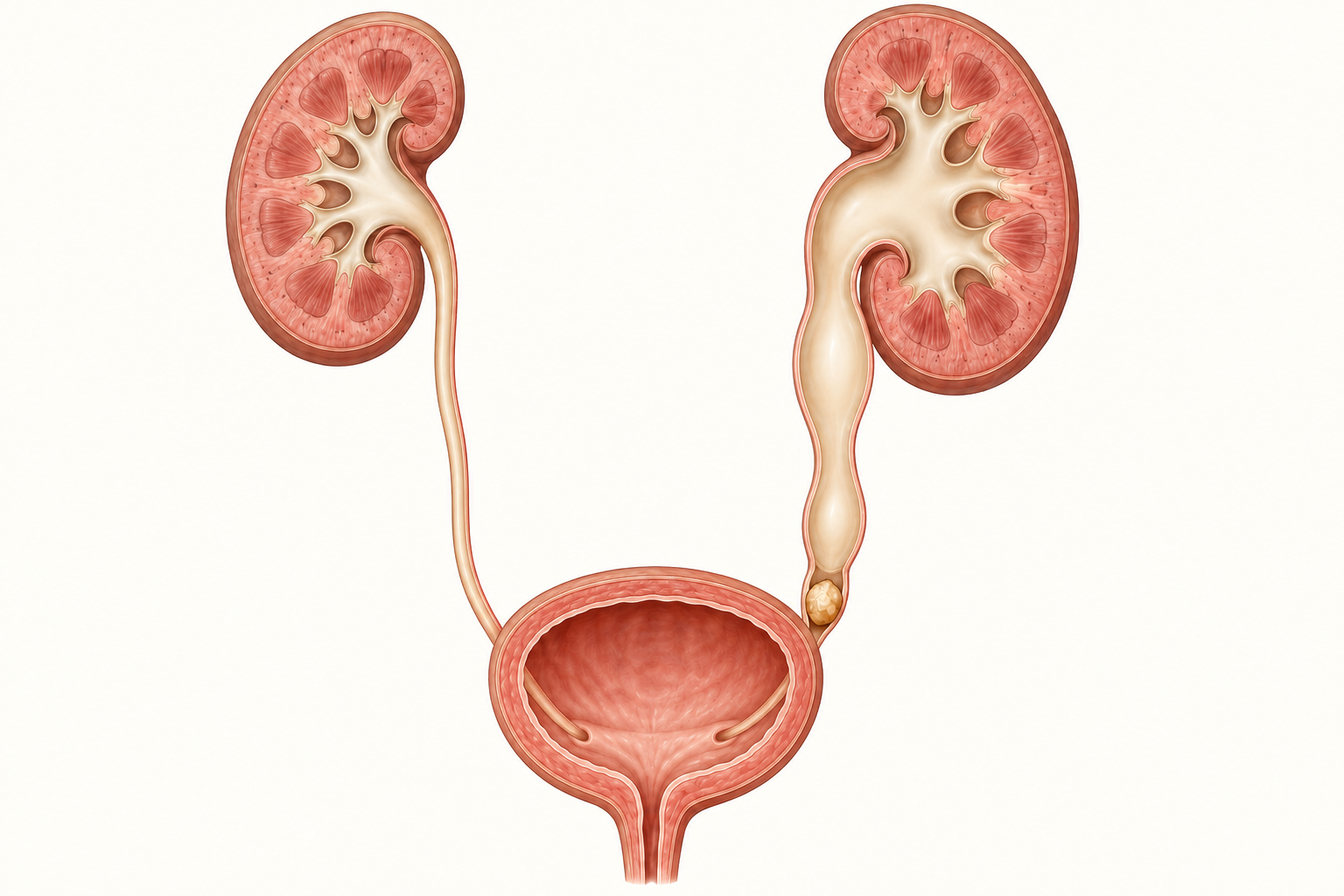 Ilustração frontal de ambos os rins, ureteres e bexiga, com cálculo no ureter distal à direita da imagem, dilatação acima dele e córtex renal preservado.