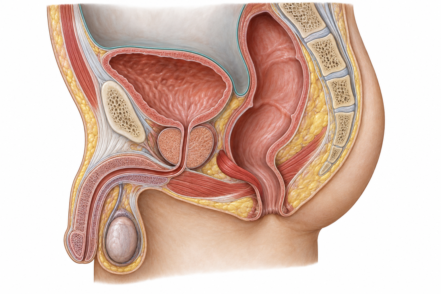Corte sagital masculino com reto, canal anal, assoalho pélvico e reflexão peritoneal entre reto superior e bexiga.