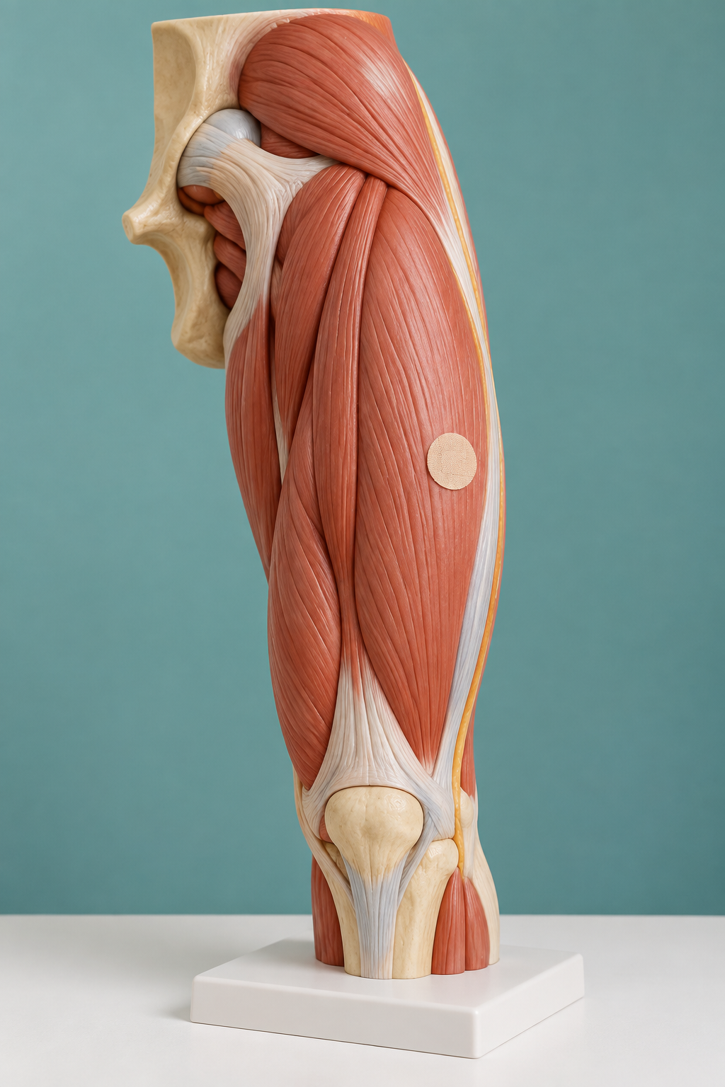 Modelo anatômico da coxa com marcador circular no terço médio anterolateral.