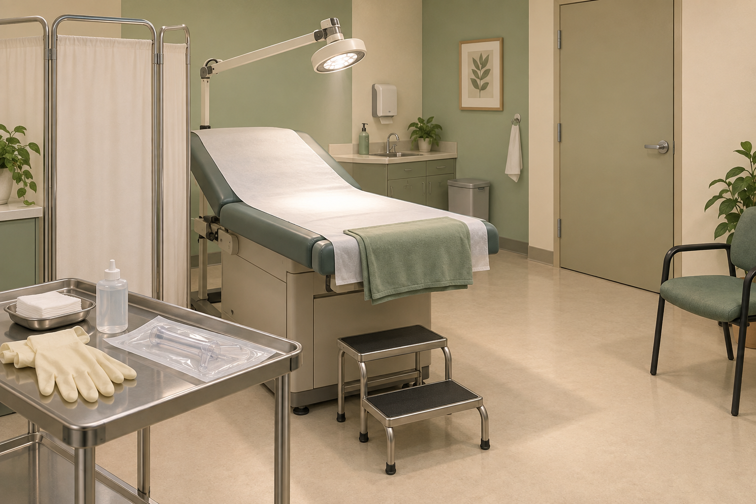 Sala preparada para exame proctológico, com privacidade, maca coberta, iluminação e materiais organizados.