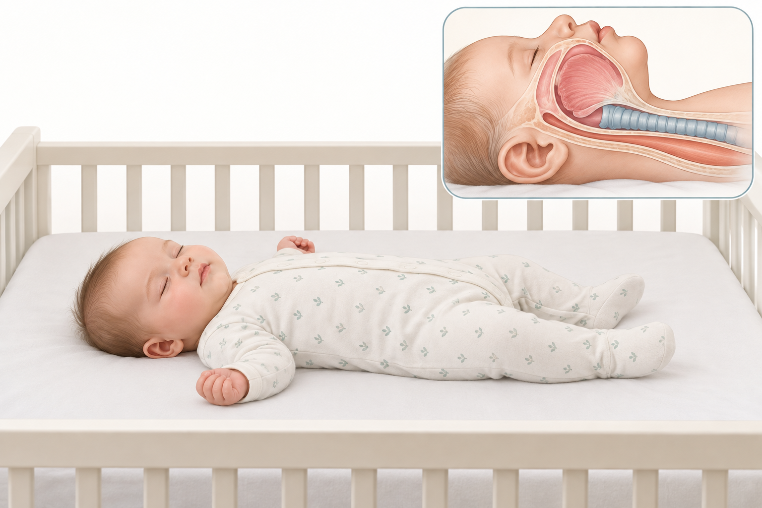 Bebê deitado de barriga para cima, em colchão firme e plano, sem objetos soltos. Um detalhe anatômico em perfil mostra a traqueia anterior e acima do esôfago nessa posição.