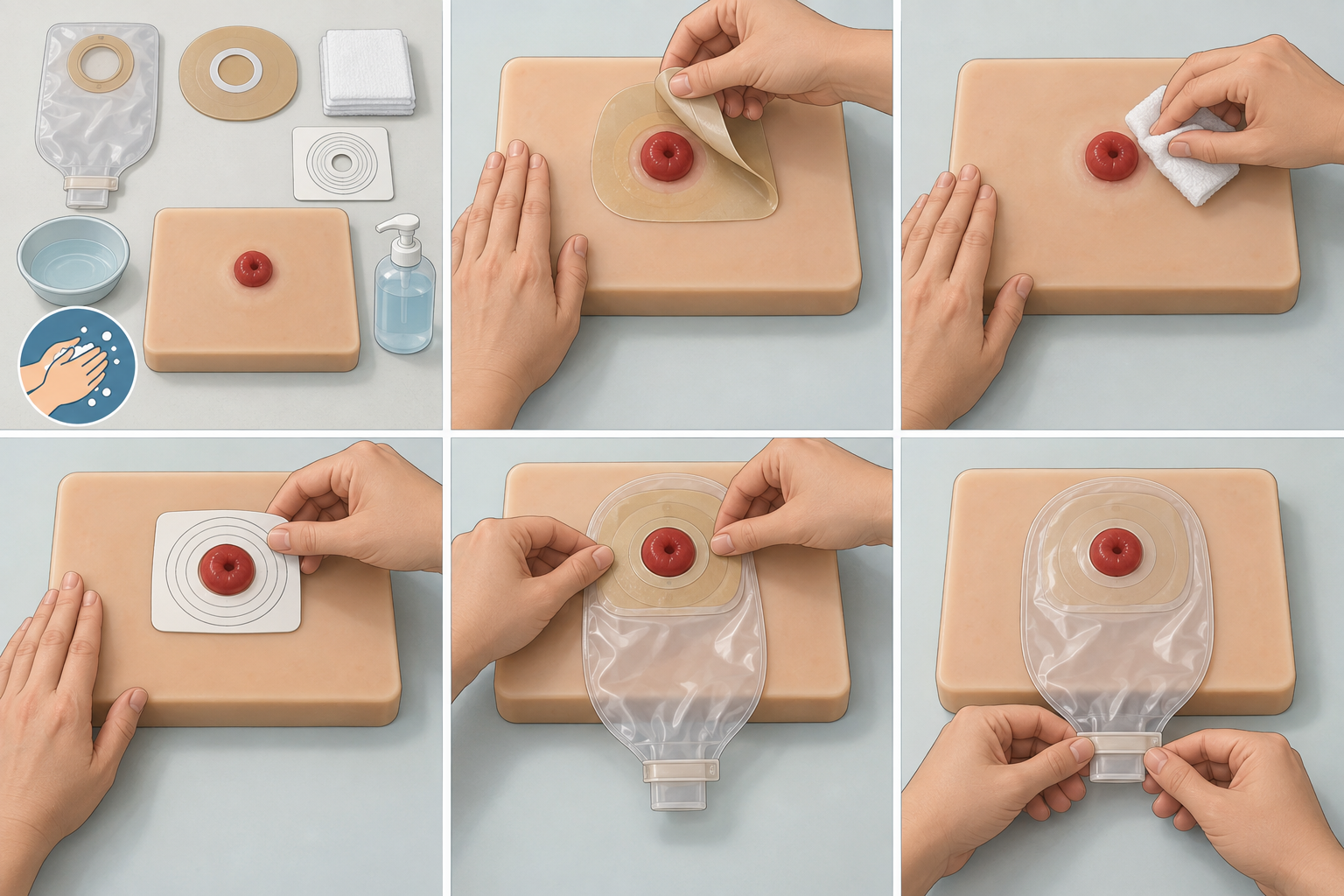 Seis quadros em modelo de treinamento de silicone: preparar e higienizar mãos, remover, limpar, medir, ajustar a barreira e conferir o fechamento.