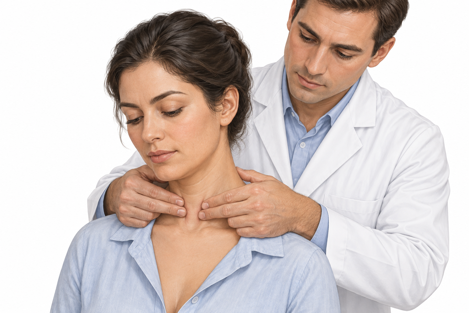 Ilustração de palpação posterior da tireoide: paciente sentada com pescoço relaxado e examinador atrás, com as polpas digitais na região inferior anterior do pescoço.