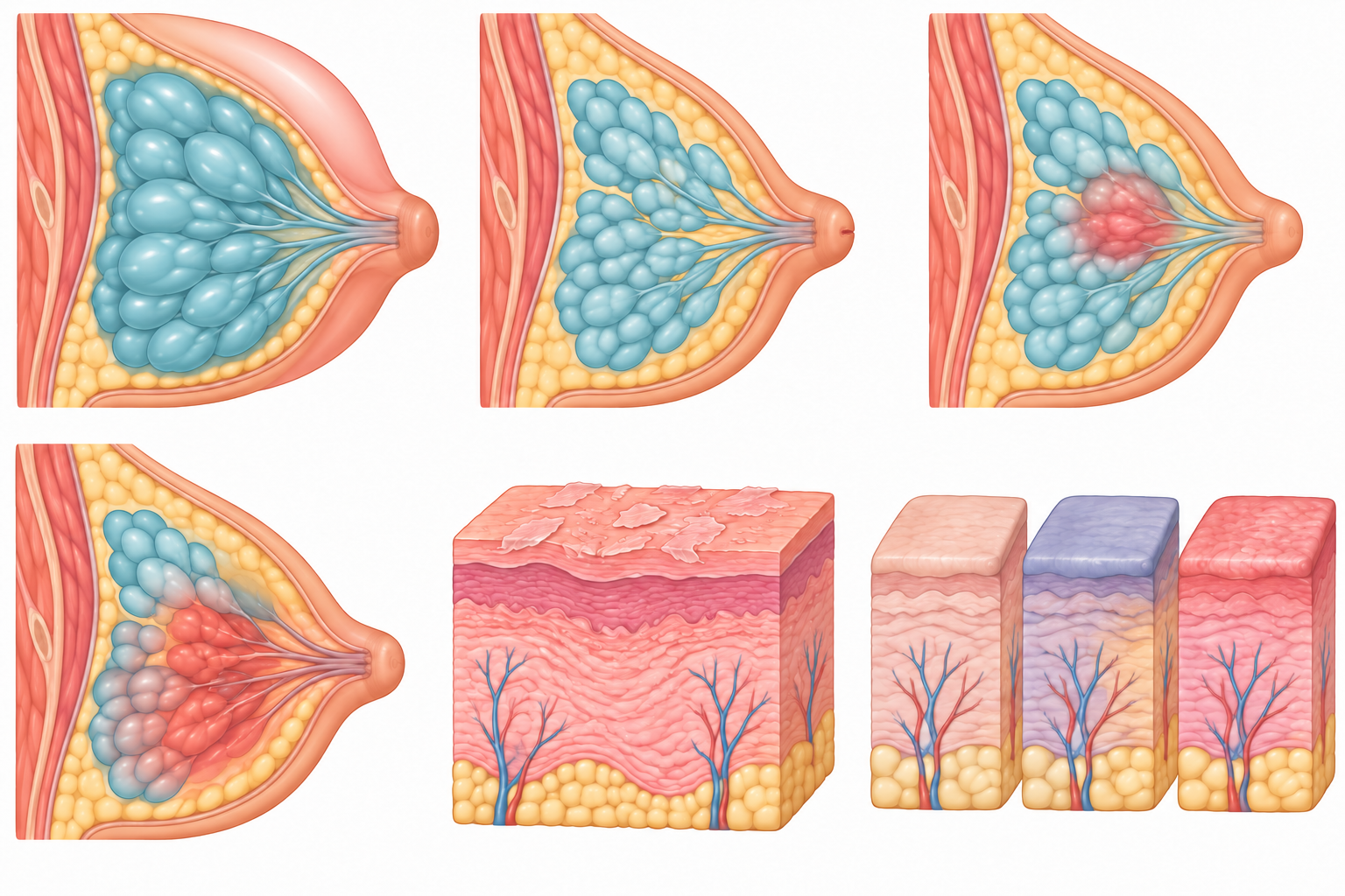 Seis modelos didáticos: distensão glandular, fissura superficial no mamilo, inflamação focal, inflamação em cunha, amostra de pele com descamação e três amostras separadas com palidez, coloração azulada e vermelhidão, representando mudanças sucessivas.