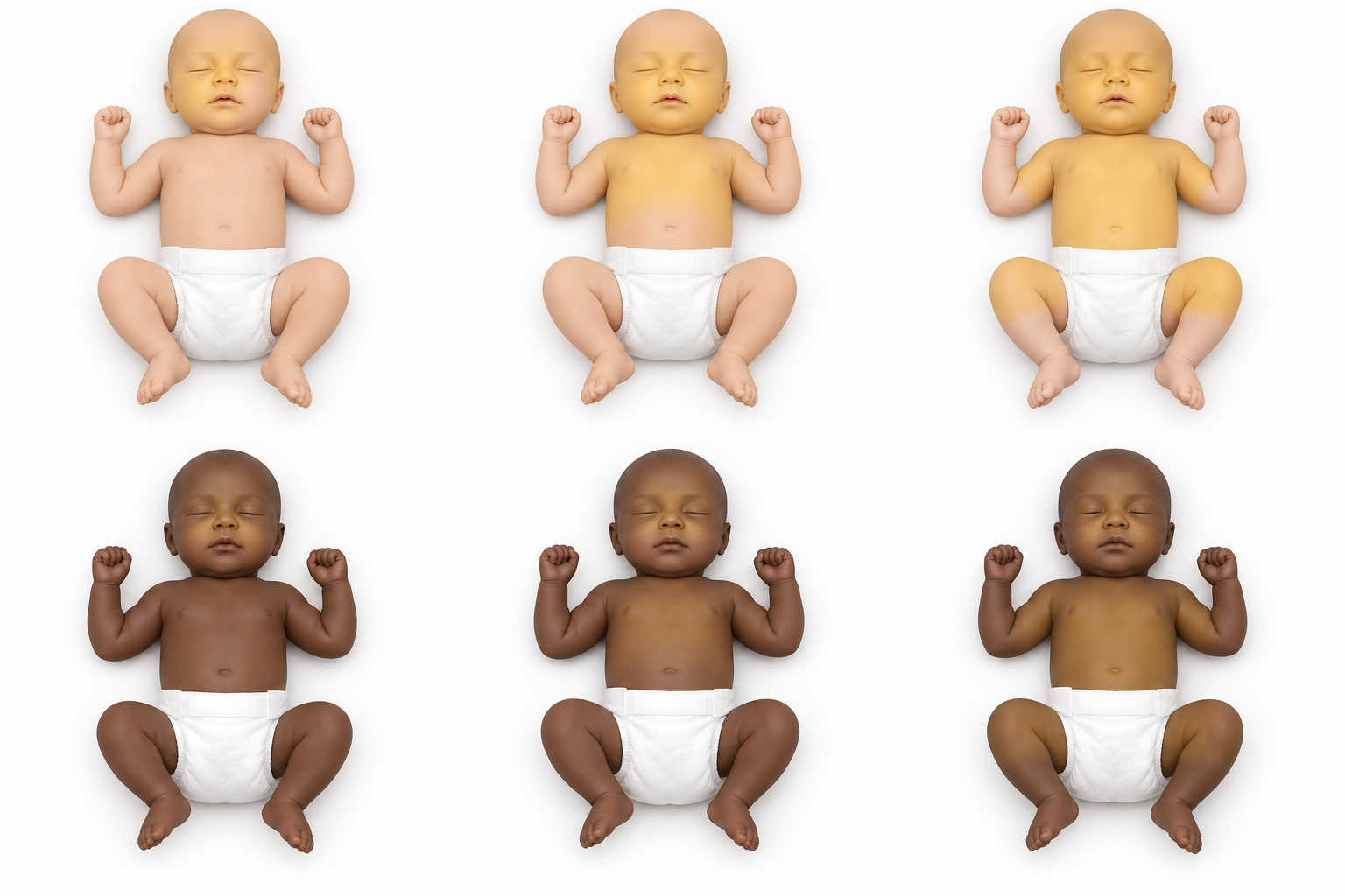 Seis modelos didáticos em duas tonalidades de pele mostram coloração amarelada inicialmente facial, depois no tronco e em regiões mais distais.