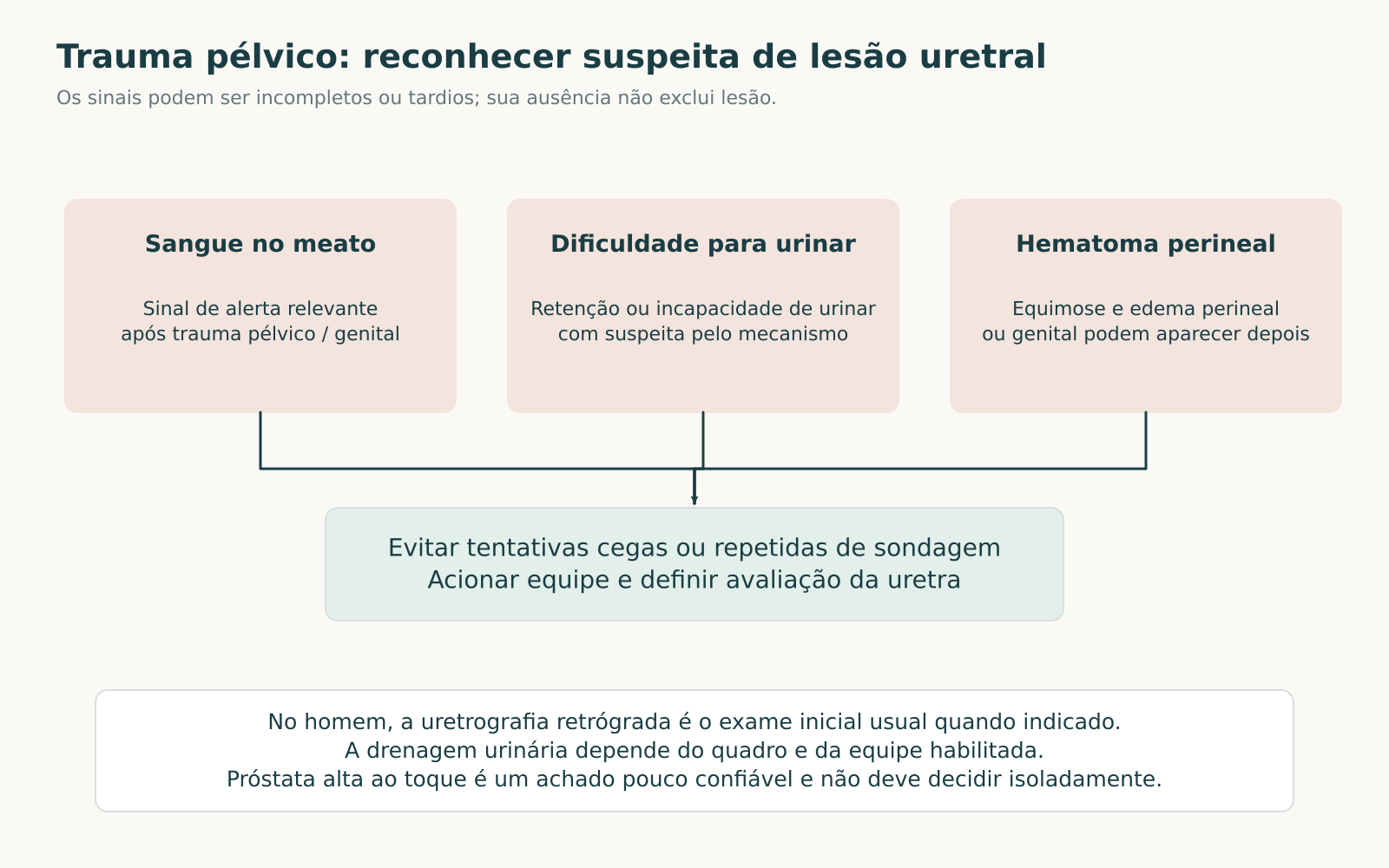 Diagrama com sangue no meato, dificuldade para urinar e hematoma perineal como sinais de suspeita de lesão uretral.