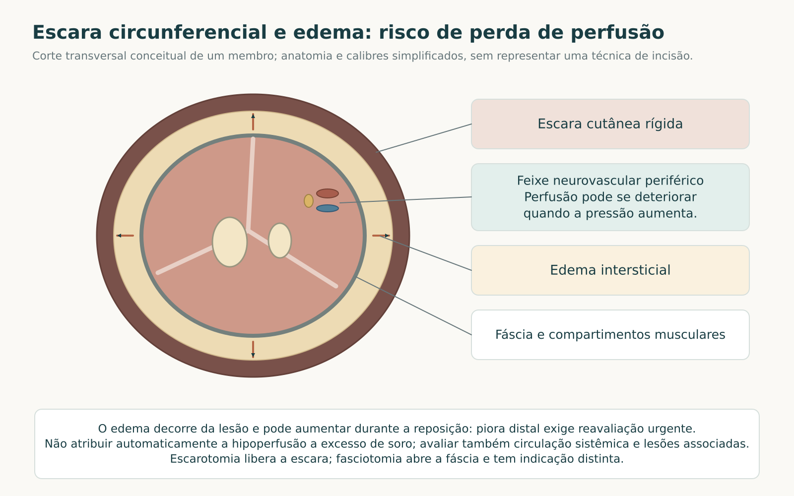 Corte transversal conceitual de membro com escara externa, edema, fáscia, compartimentos musculares, dois ossos e feixe neurovascular periférico.