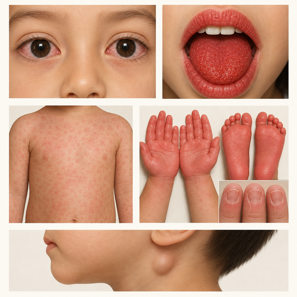 Prancha clínica esquemática dos principais achados da doença de Kawasaki: hiperemia conjuntival bilateral sem secreção, alterações orais, exantema polimorfo, edema e descamação de extremidades e linfonodo cervical.