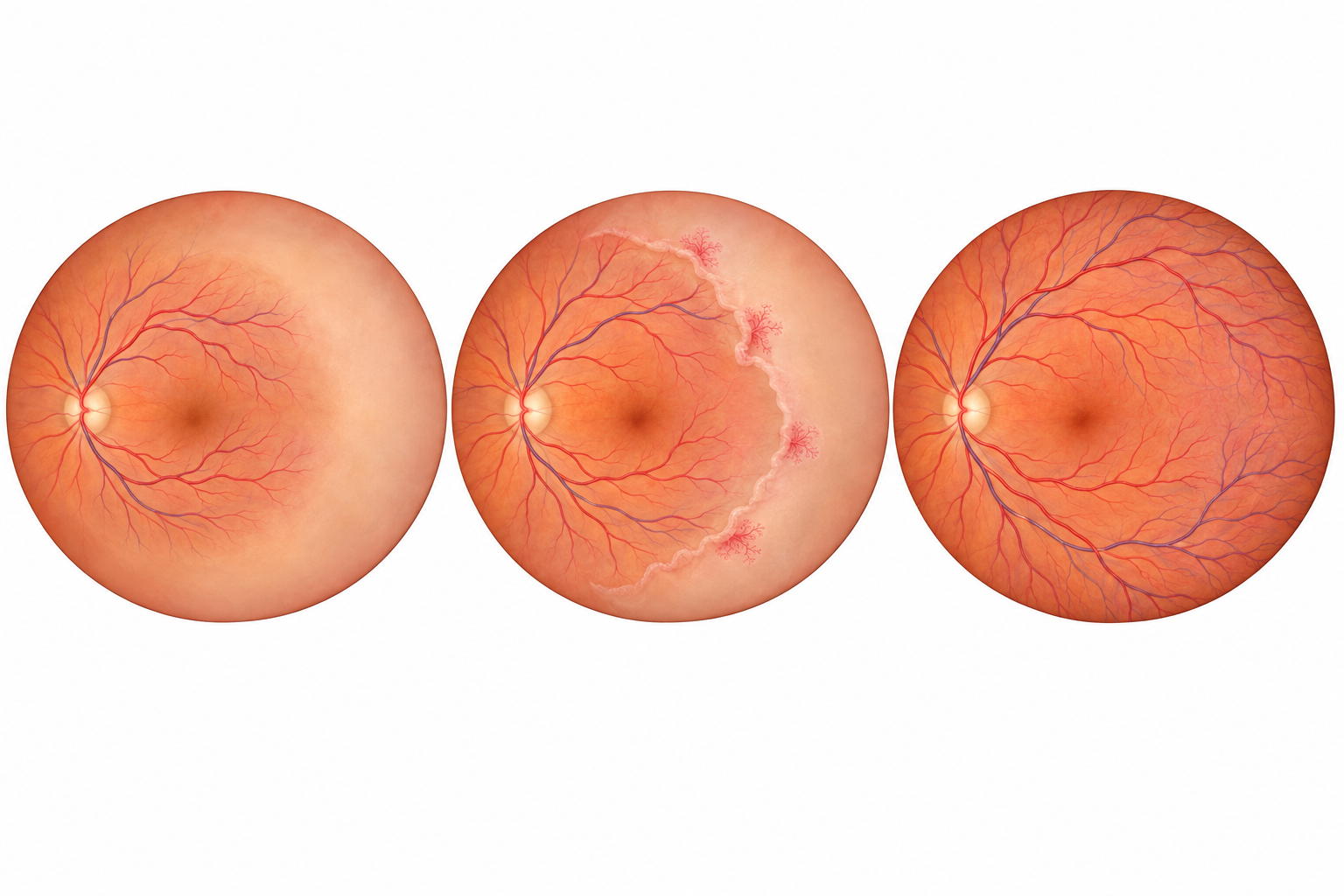 Três ilustrações de retina com vascularização periférica incompleta, crista e neovasos na interface vascular, e vascularização mais extensa.