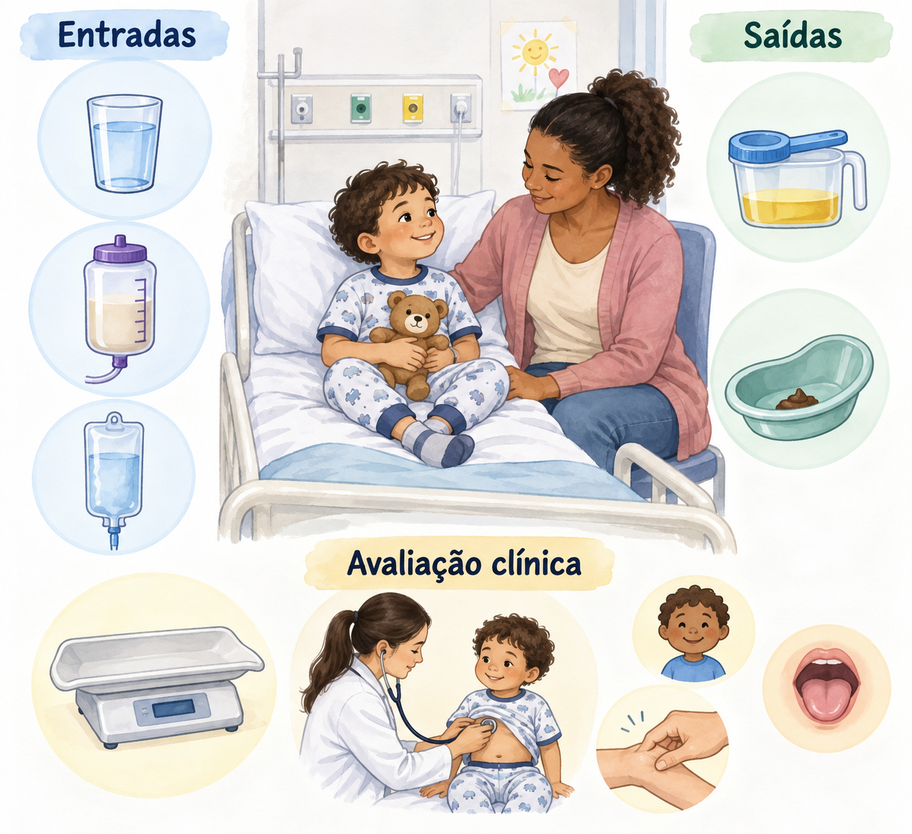 Entradas e saídas de líquidos são acompanhadas ao redor de uma criança hospitalizada.