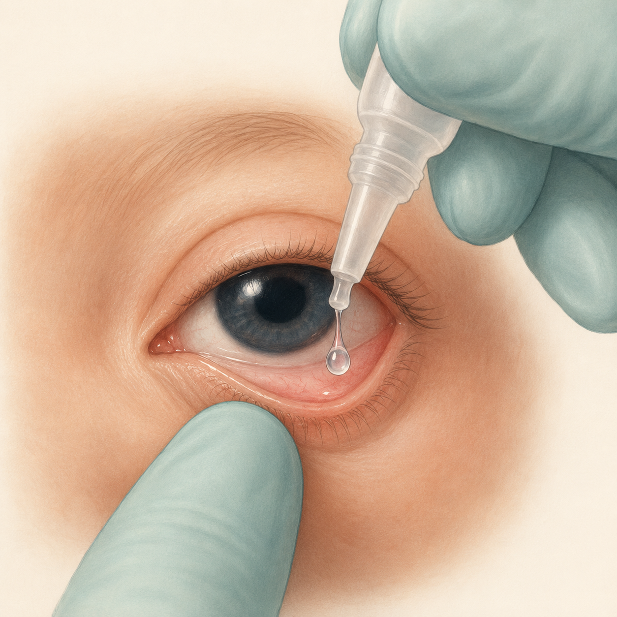 Instilação correta de profilaxia ocular no fundo de saco conjuntival de um recém-nascido.