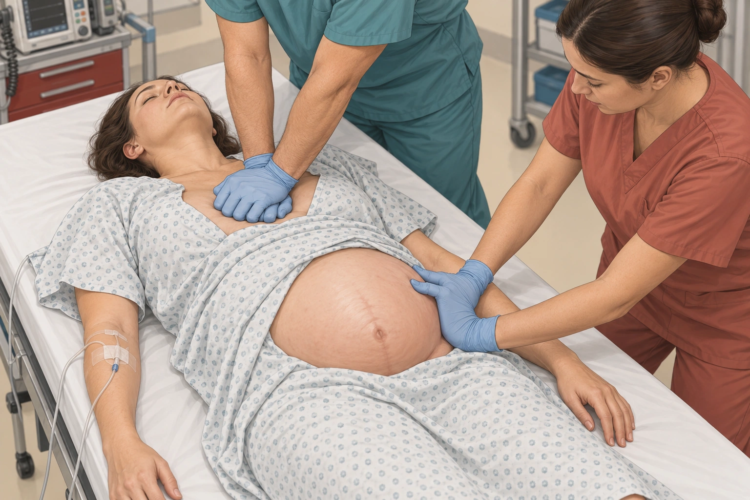 Reanimação de gestante em decúbito dorsal, com compressões torácicas e segundo profissional realizando deslocamento uterino manual para a esquerda.