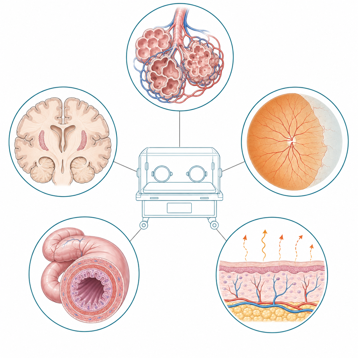 Diagrama de incubadora conectada a pulmões, matriz germinativa, retina, intestino e pele, os cinco principais territórios vulneráveis da prematuridade.