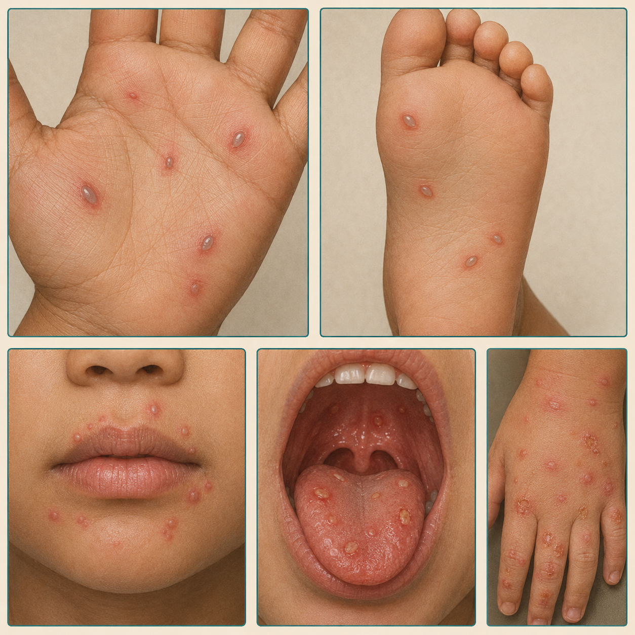 Prancha clínica de doença mão-pé-boca com vesículas em mãos, pés e região perioral e úlceras orais.