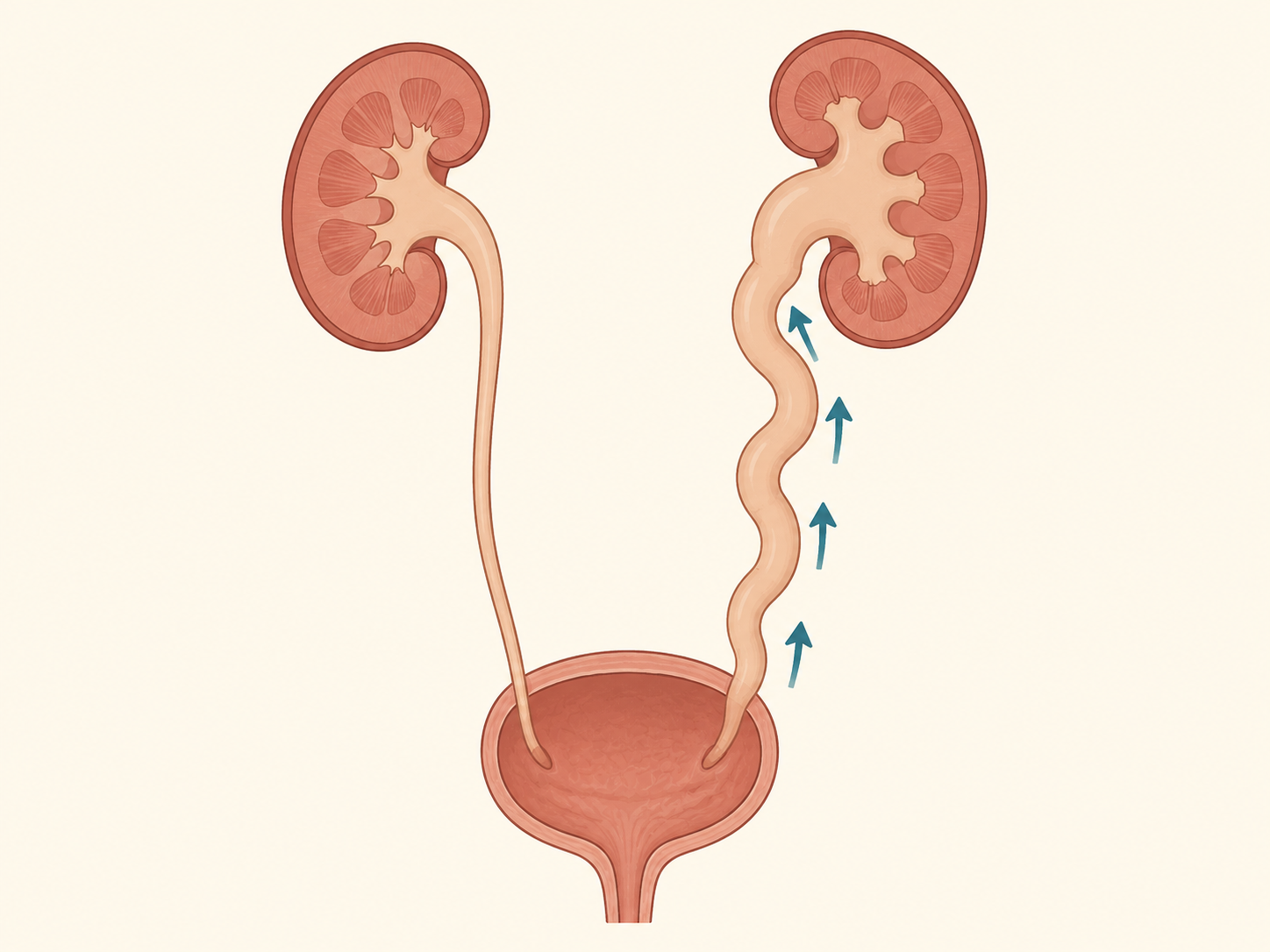 Trato urinário de lactente com lado normal e lado com refluxo vesicoureteral: ureter e pelve dilatados e fluxo retrógrado da bexiga para o rim.
